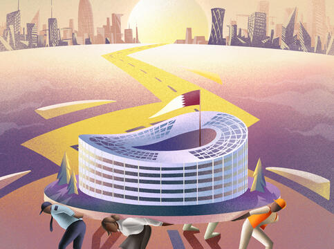 Illustrasjon av en fotballstadion som b&aelig;res av migrantarbeidere i Qatar