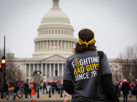 En person st&aring;r foran Capitol i Washington, USA. 
